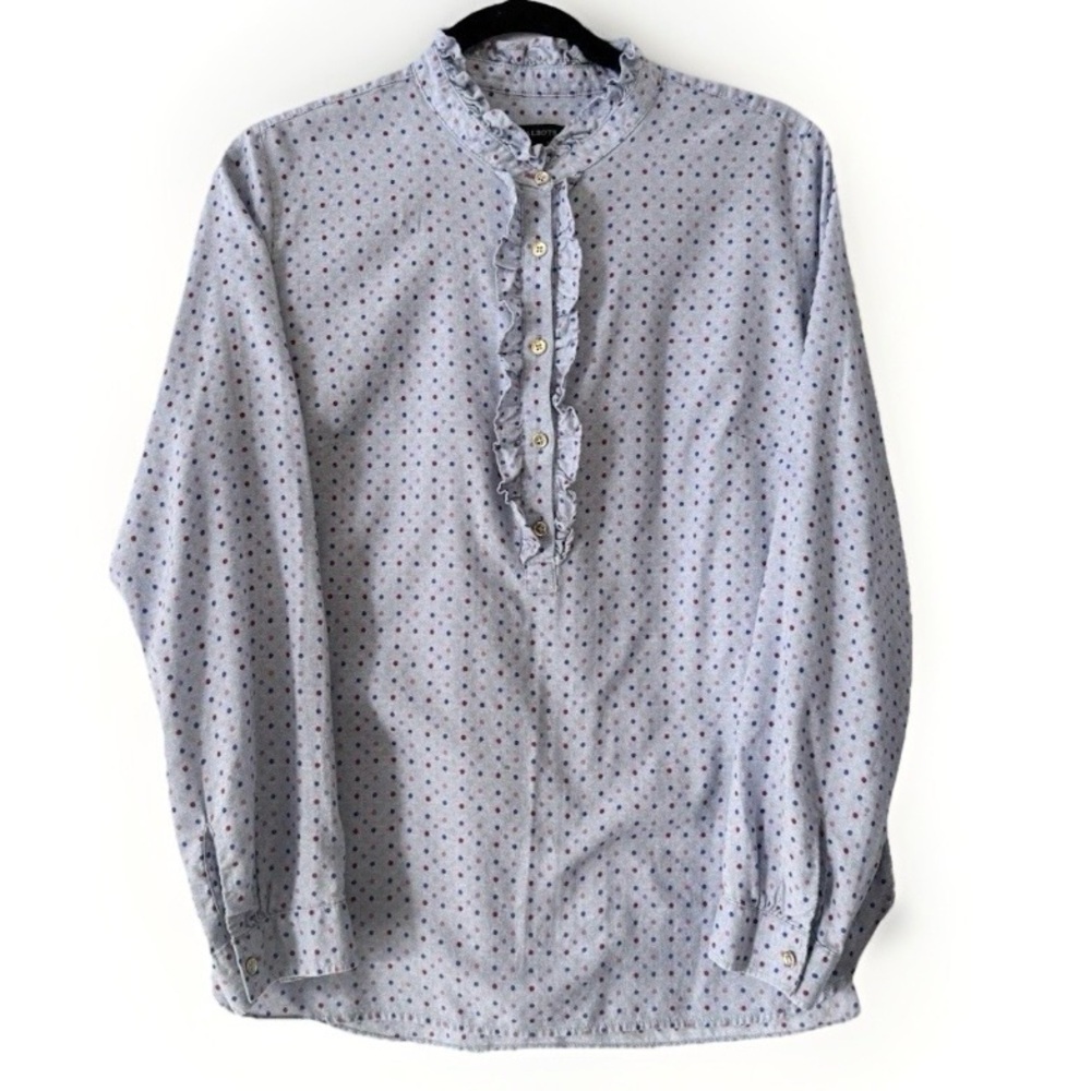 Talbots Ruffle Polka Dot Blouse Cottagecore Grandmacore Cotton Blue M